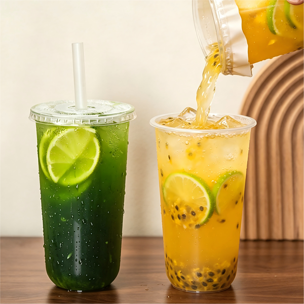 plastic coffee cups filled with drinks are placed on the bar counter. PET cups are suitable for juice shops, coffee shops, soft drink shops, and bubble tea shops.