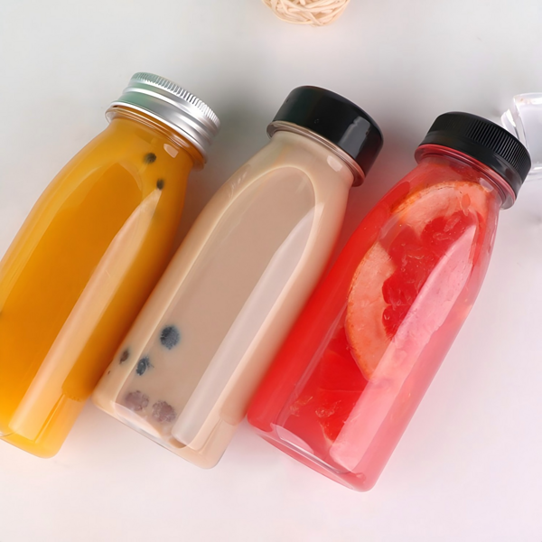 250ml 8oz PET clear juice bottle. This plastic bottle can be used to store juice, beverages, milk, coffee, tea, etc.
