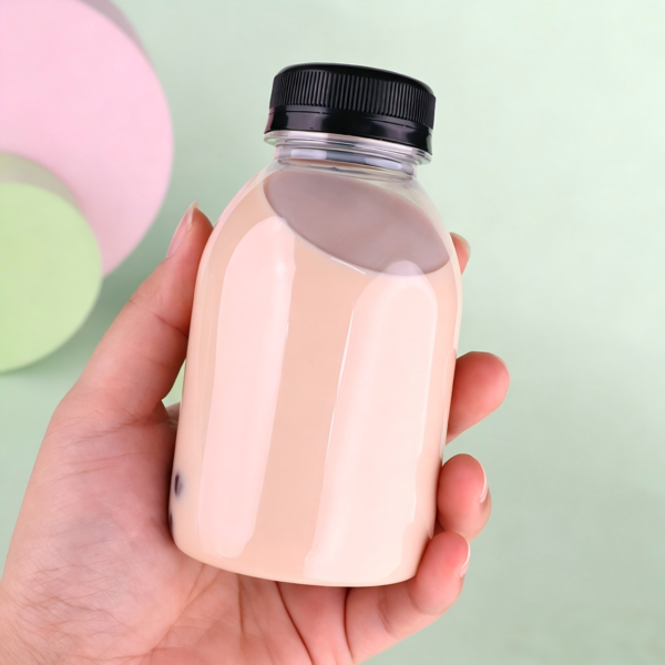 Recyclable 8 oz BPA-free round juice bottle with black cap.