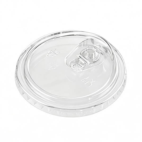 Transparent plastic bottle cap with easy-open tab for beverages and liquids.