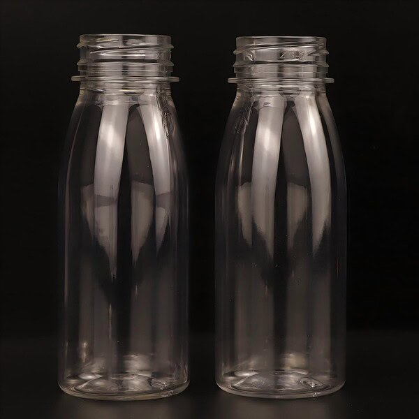 Overall appearance of a food-grade 200ml 7oz transparent round PET juice bottle