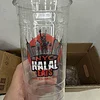Clear plastic cup with NYC HALAL EATS logo, suitable for beverages and branding.