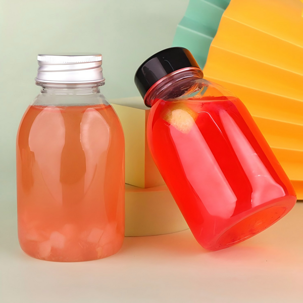 Bulk purchase of 250ml (8oz) round, clear, empty juice bottles, equipped with tamper-evident caps.