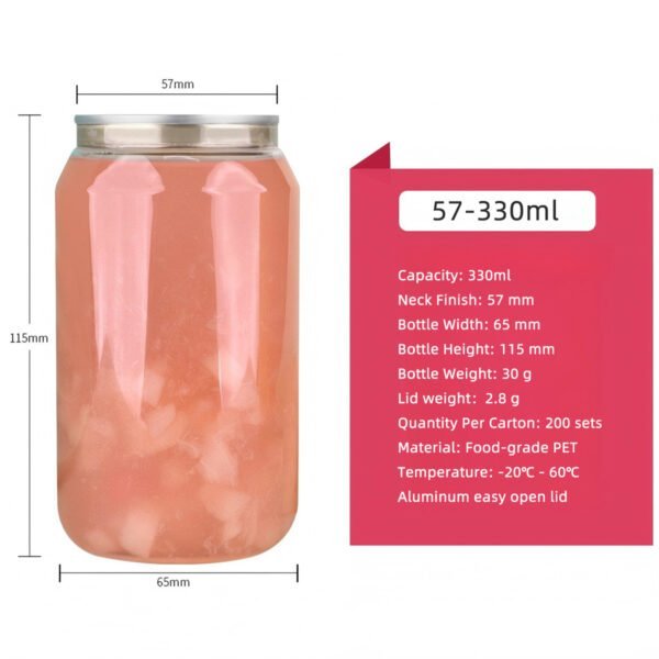 Recyclable 330ml clear PET pop can with aluminum easy open lid.