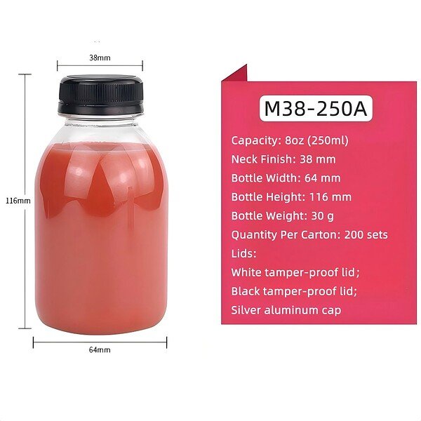 Clear PET bottle with black tamper-proof cap, 8oz capacity, ideal for liquids.