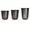 Black plastic containers in three different sizes on a white background.