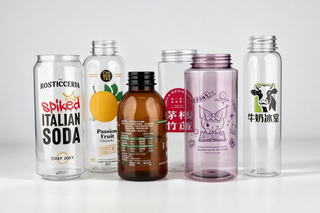 Printing examples for PET plastic bottles and cans