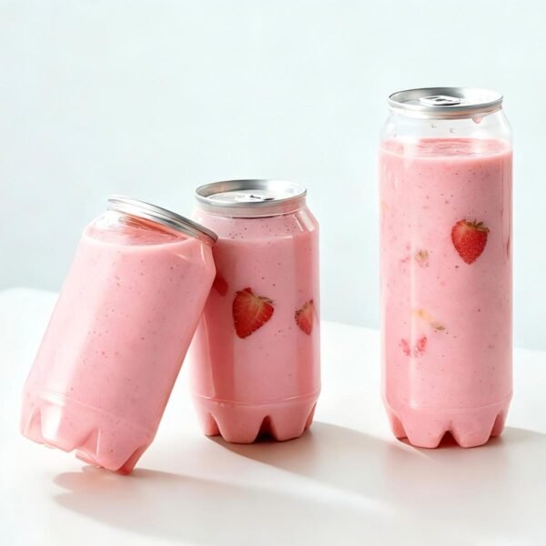 Clear plastic bottles filled with pink strawberry smoothie with strawberries inside.
