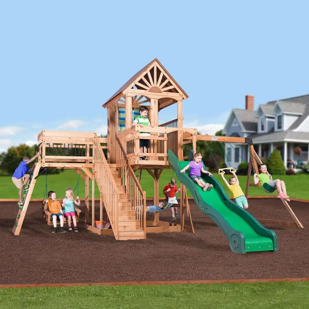 Caribbean Swing Set with children playing on a sunny day in Texas.