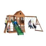 Kids playing on a wooden Hillcrest Swing Set with slide and swings in backyard.