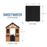 A technical dimension diagram for the Sweetwater Playhouse illustrates both a top view and a front view of the structure. The top view, represented by a solid black square, shows the footprint of the playhouse measuring 3' 6" wide by 3' 10 1/2" deep. The front view shows the wooden playhouse with its gabled roof and black accents, indicating a total height of 4' 7 1/2". Blue measurement lines and arrows clearly define the height, width, and depth of the unit against a plain white background.