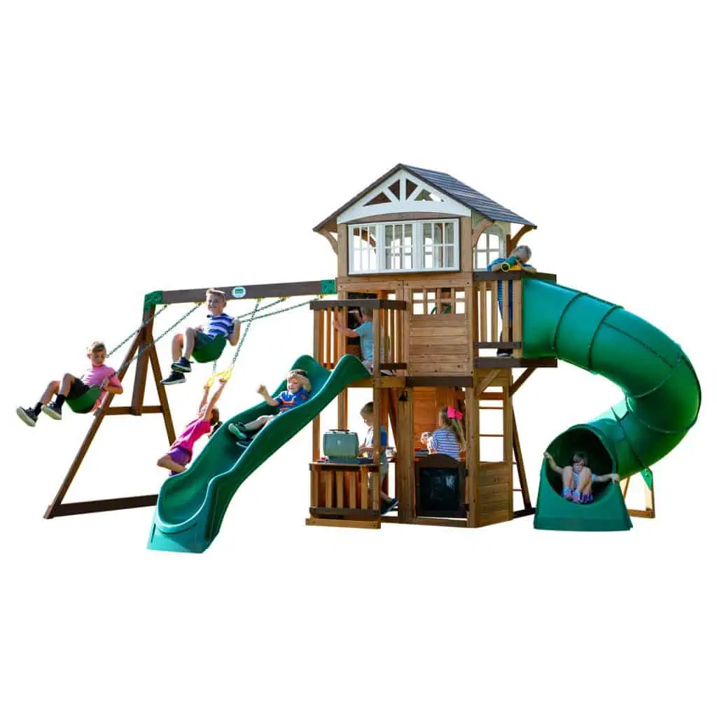 Children playing on Bristol Point Swing Set with slide and clubhouse.