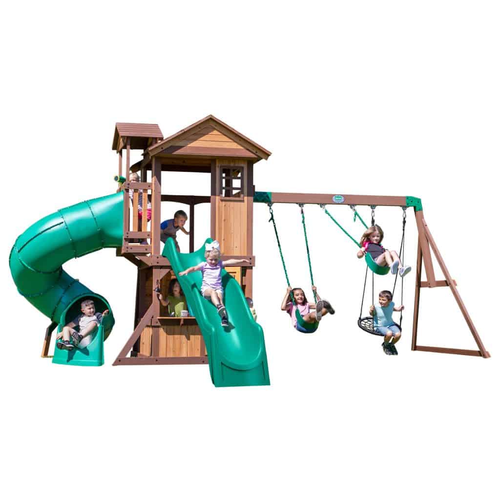 Kids playing on Tacoma Falls Swing Set with slide and swings in backyard.