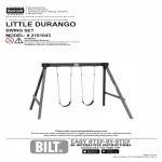 The cover of an assembly manual for the Little Durango Swing Set, model number 2101043, produced by Backyard Discovery. The top of the page features the company's contact information and address in Pittsburg, Kansas, along with international business center details in the UK and Netherlands. A large black-and-white illustration in the center shows the assembled swing set, which consists of an A-frame structure supporting two belt swings. The manual includes warnings that adult assembly is required and that the product is intended for outdoor domestic use only. At the bottom, it encourages users to visit the company website for replacement parts or to download the BILT app for 3D interactive instructions, with logos for the Apple App Store and Google Play provided. The document footer indicates the product was made in China.