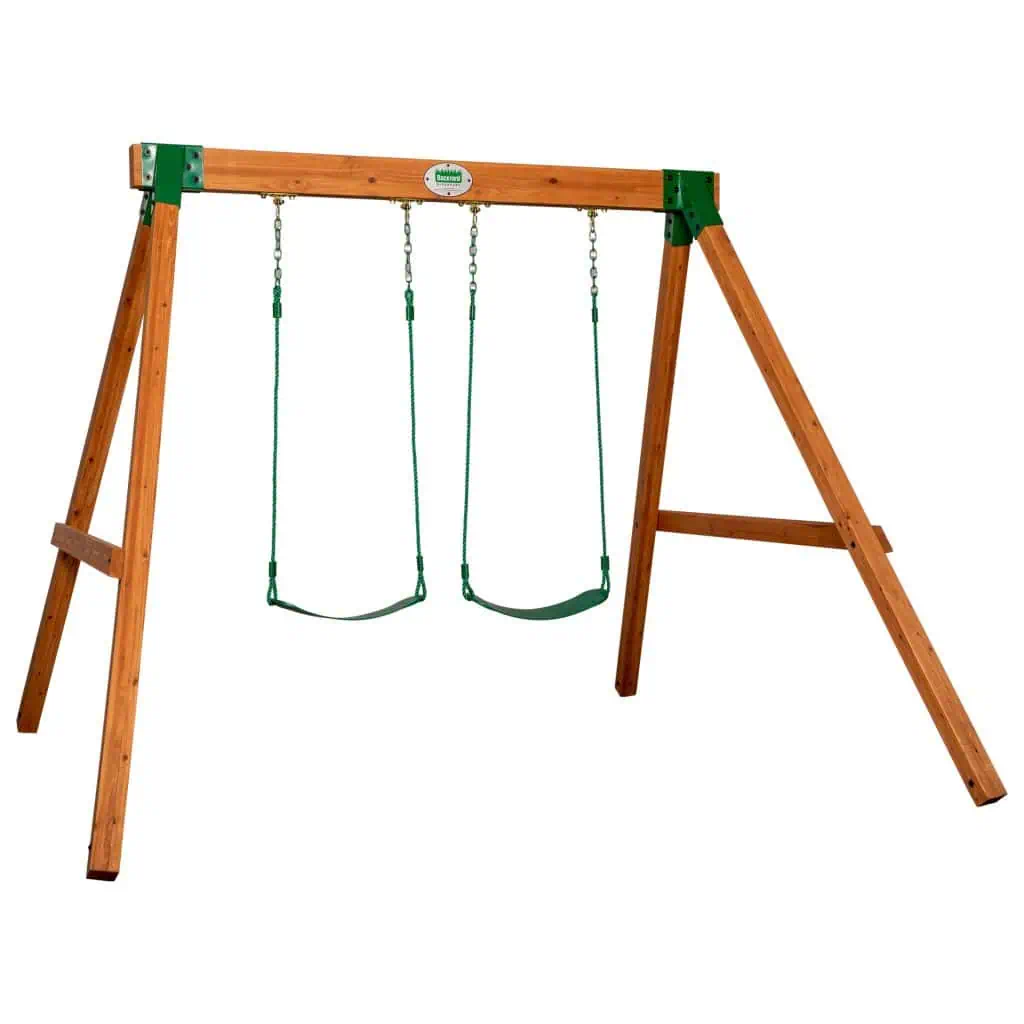 A wooden A-frame swing set is isolated against a solid white background. The structure features a thick wooden top beam supported by two sets of A-frame legs reinforced with green metal corner brackets and a horizontal wooden crossbeam on each side. An oval Backyard Discovery logo is centered on the front of the top beam. Two green flexible belt swings are suspended from the beam by a combination of metal chains at the top and braided green ropes below.