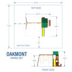 Top and front view of Oakmont Wooden Swing Set with dimensions for safe outdoor play.