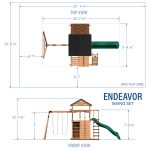 no bullet points just an alt description An architectural specification sheet for the Endeavor Swing Set showing the product from both a top-down and front-facing perspective. The top view illustrates the physical footprint of the wooden playset, which measures 20' 2 ¼" wide by 11' 4 ½" deep, situated within a larger "Safe Play Zone" that measures 33' 4 ¼" wide by 24' 6 ¼" deep. This view highlights a required 6' 7" safety clearance on all sides. The front view shows the vertical scale of the set, including a total peak height of 10' 7 ¾", a swing beam height of 7', and a side rail height of 7' 9 ¼". The set features a central wooden tower with a peaked roof, two belt swings, a rock climbing wall, and a green wavy slide.