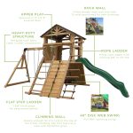 An infographic showcasing a wooden backyard playset with descriptive labels for its various features. The main structure is made of heavy-duty cedar lumber and features a spacious covered upper play deck. Key components highlighted include a wavy green slide, a 9-foot rope ladder with a bell, a flat step ladder, a 40-inch disc web swing, and two types of climbing walls—one with a rope and one with twelve colorful rocks. Small inset photos show children interacting with the rock wall and the web swing.