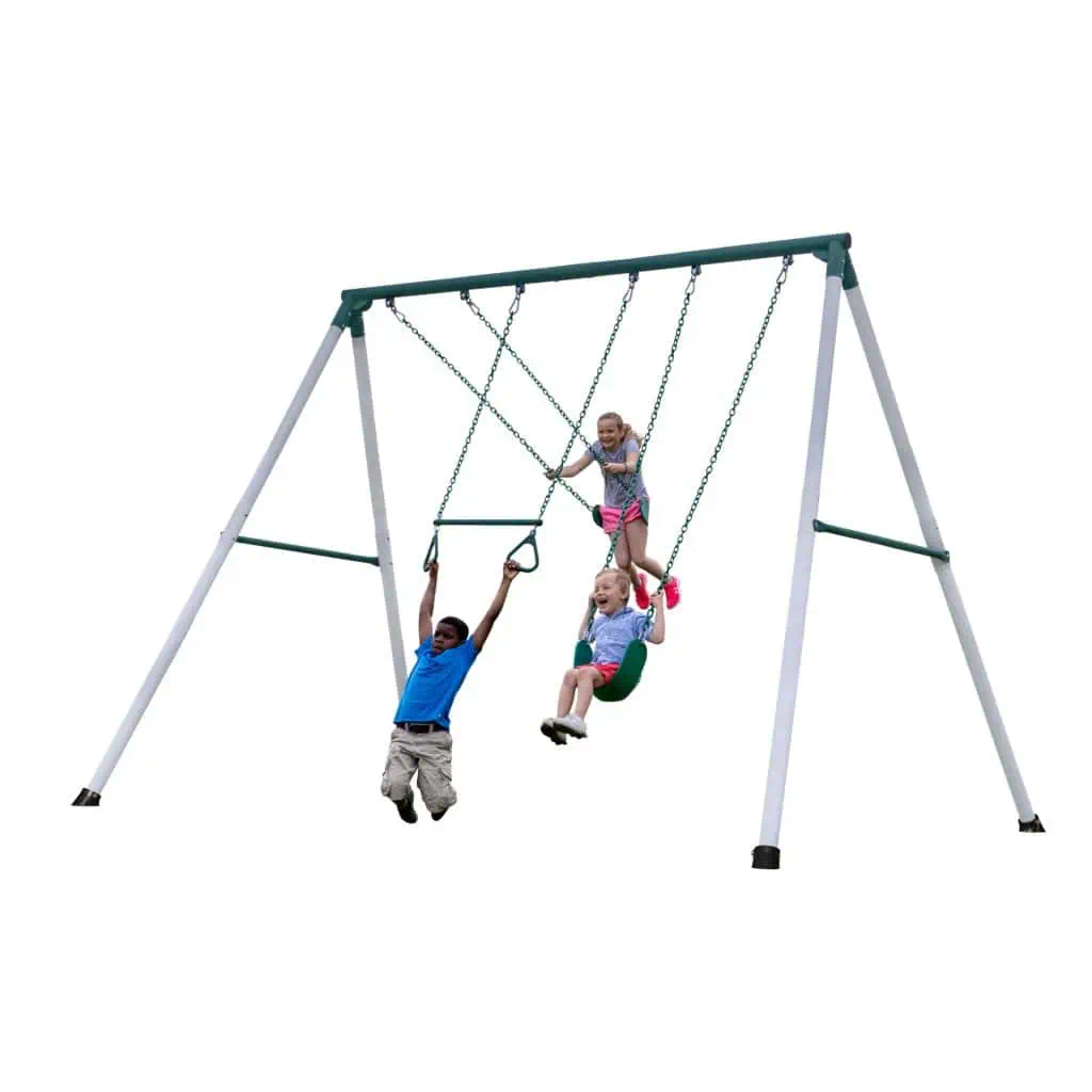 Big Brutus 10-foot heavy-duty metal A-frame swing set with two belt swings and a trapeze bar.