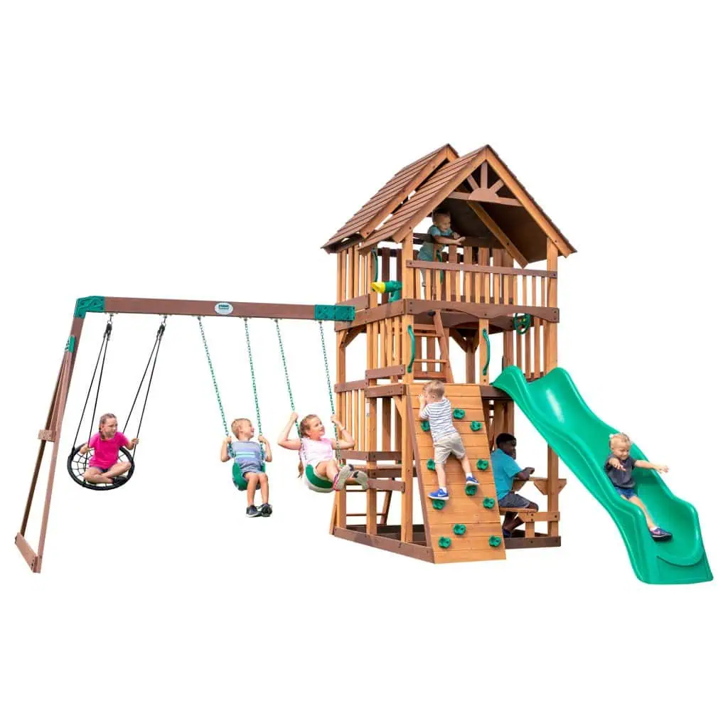 Child swinging on a Highlander swing set with wooden frame and bucket seat.