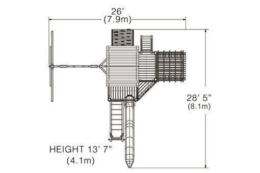 Footprint layout diagram of Titan Treehouse XL 13 swing set showing dimensions and slide placement.