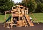 Right-side exterior view of Titan Treehouse XL 13 swing set with double slides, climbing wall, and tower fort.