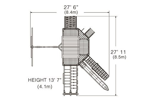 Titan Treehouse XL 14 swing set footprint diagram illustrating layout and slide position.