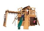 Titan Treehouse XL 14 swing set with wave slide, swings, and wood bridge attachment.