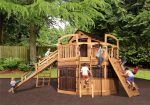 Titan Treehouse XL 14R swing set featuring dual slides, bridge, and elevated clubhouse.