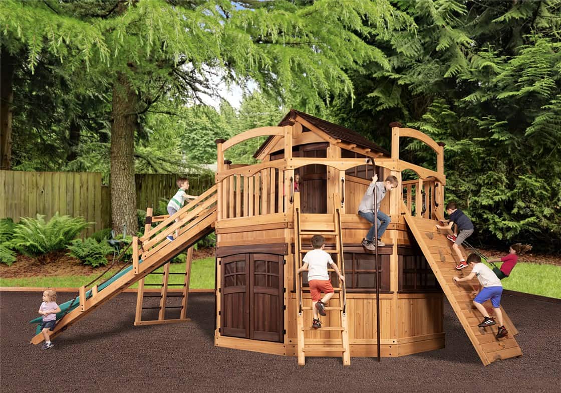 Titan Treehouse XL 14R swing set featuring dual slides, bridge, and elevated clubhouse.