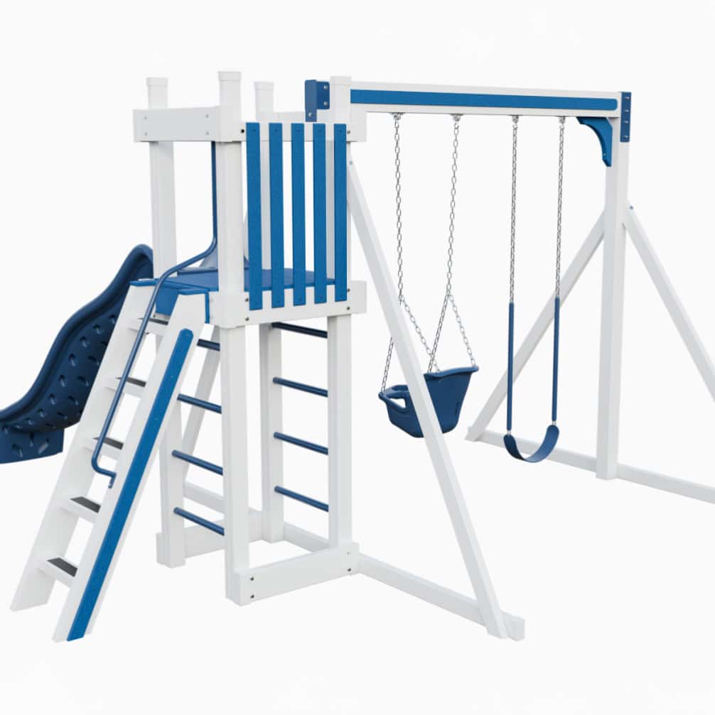 White vinyl playset with blue slide, swings, and climbing ladder – Basecamp 22 model outdoor playground.
