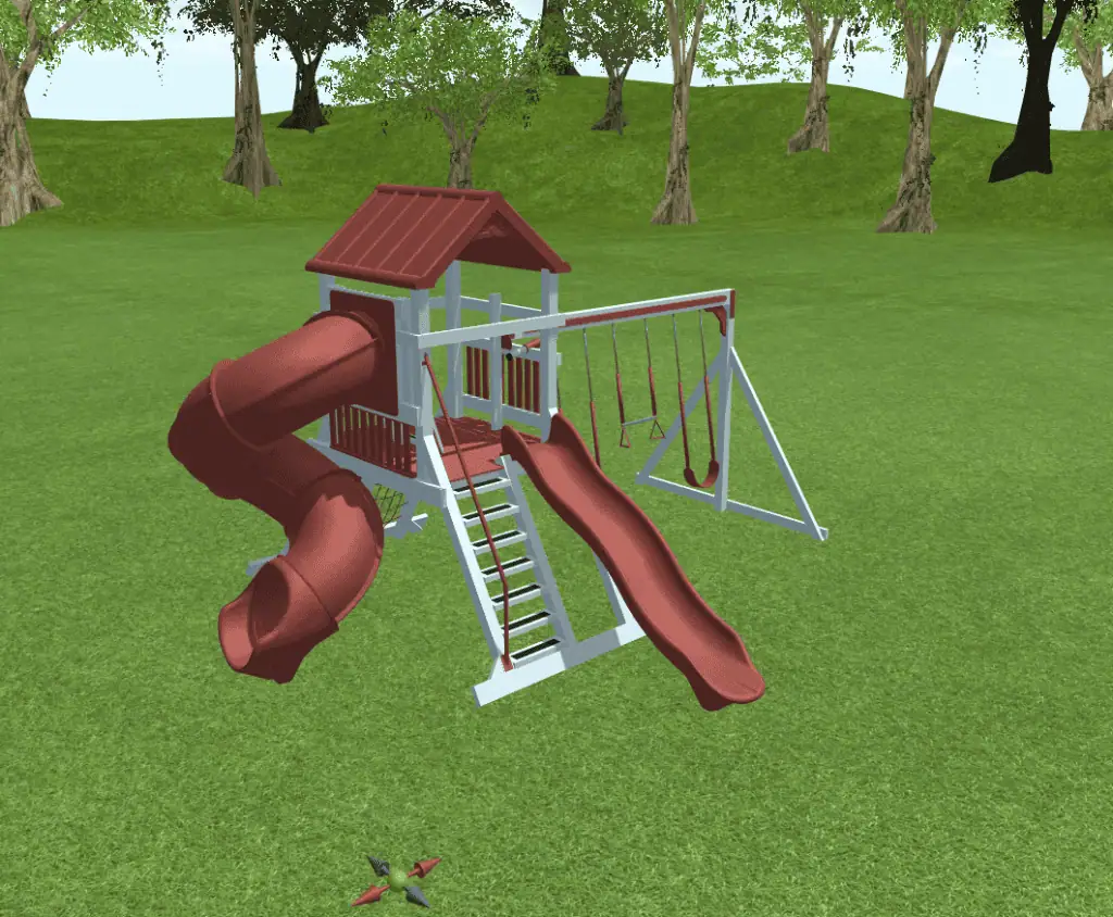 Colorful outdoor playset with slide and swings in a grassy yard.