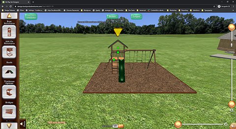 A screenshot displays a 3D design software interface for creating a playground. The main view shows a small wooden playset with a green slide and swings, centered on a brown, rectangular ground cover, all set within a vast green field under a clear sky with distant trees.