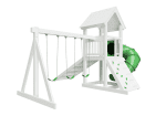 White vinyl playset with a covered tower, ladder access, and a green slide.