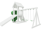 White vinyl playset featuring a small tower, enclosed sides, and a green slide.