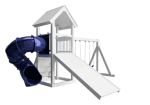 White vinyl playset with a blue slide, climbing access, and an elevated tower.