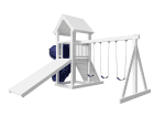 White vinyl playset with a tower, straight slide, and simple climbing structure.