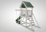 White and green vinyl playset featuring a covered tower, slide, and climbing access.