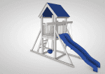 White vinyl playset with a covered tower, ladder, and attached slide.