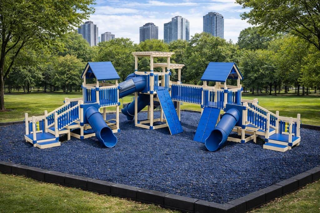 A large, multi-level blue and tan playground structure sits centered in a park, surrounded by deep blue rubber mulch. The play set features multiple slides, including a long tunnel slide and two smaller tube slides, along with climbing ramps, bridges, and tower sections with peaked blue roofs. The playground is situated on a green lawn bordered by a line of lush green trees. In the background, several tall, modern city skyscrapers rise against a bright, partly cloudy sky. The entire scene is captured in a wide, daytime shot.