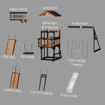 Illustration of various playground equipment parts for outdoor play.
