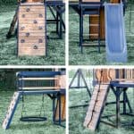 Colorful outdoor wooden playground with slide, climbing wall, and swings for children.