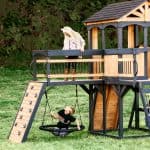 Children enjoying outdoor playset with slide and swing in Texas backyard.