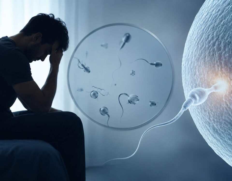 Uomo seduto in atteggiamento pensieroso accanto a una rappresentazione scientifica degli spermatozoi, immagine simbolica dell’infertilità maschile