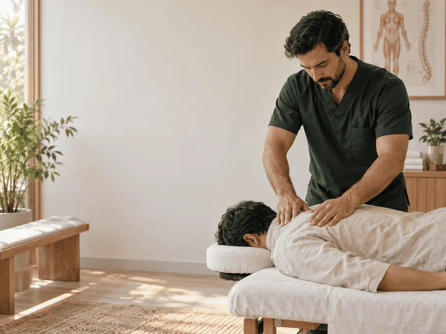 Massagista masculino realizando massagem terapêutica em ambiente acolhedor da Ponto Zen