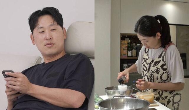 가족이 집에서 스마트폰을 사용하는 모습과 요리하는 모습.