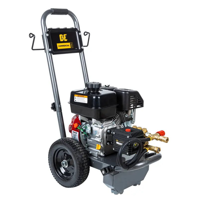 A pressure washer with wheels on a white background.