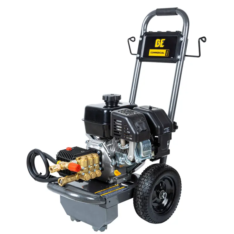 A commercial pressure washer on wheels on a white background.