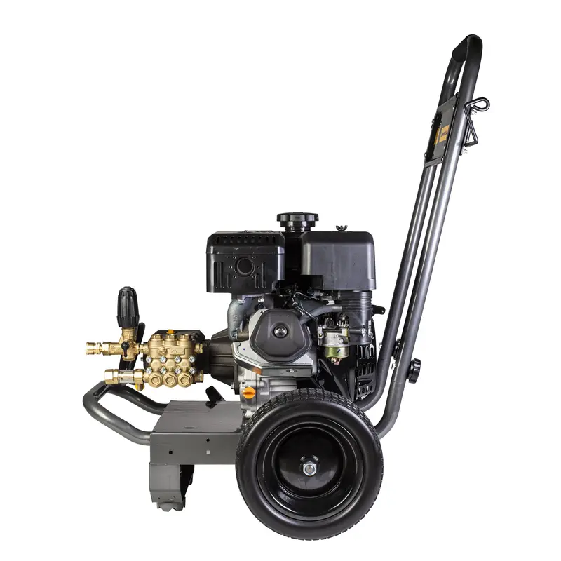 A pressure washer on a white background, equipped with pressure washer parts.