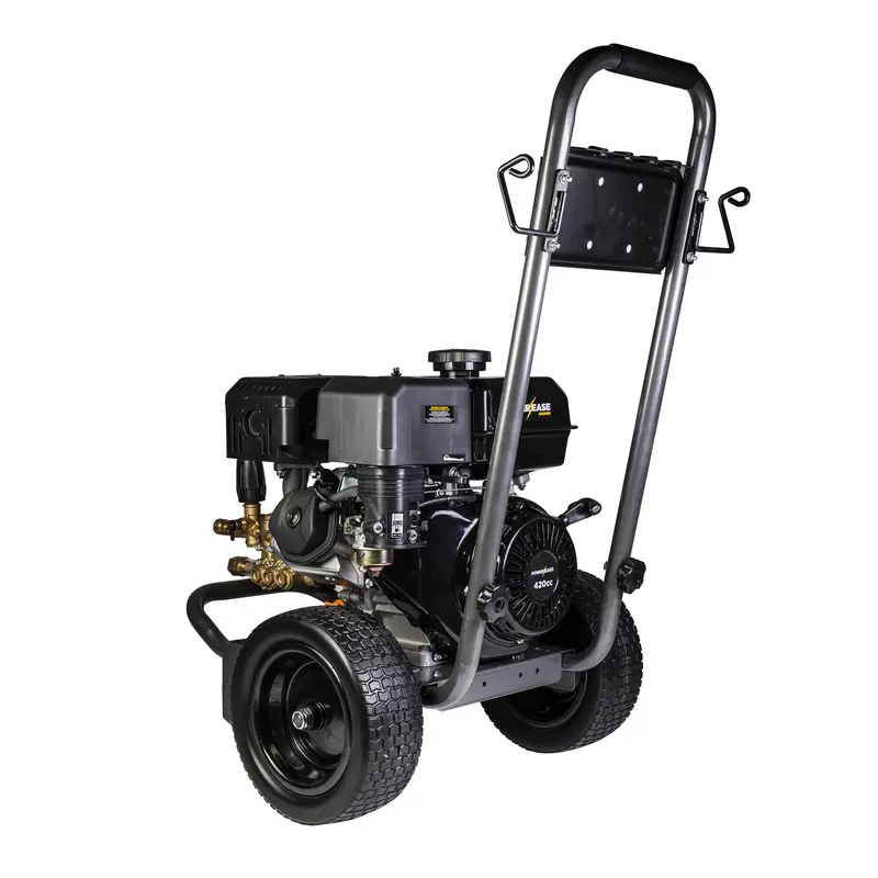 A pressure washer with wheels on a white background, ideal for commercial use.